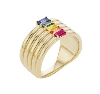 18K Oro Revestido Rainbow Baguette Corte CZ Multi Moda 925 Anillos de Mujeres de Plata Esterlina