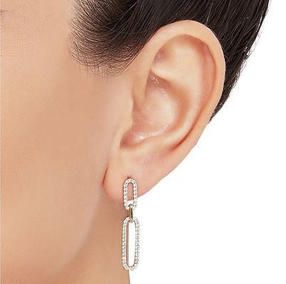 Blanco Cubico CZ 18K Oro Revestimiento Pave Link Drop Los aretes Mujeres Joyería de moda