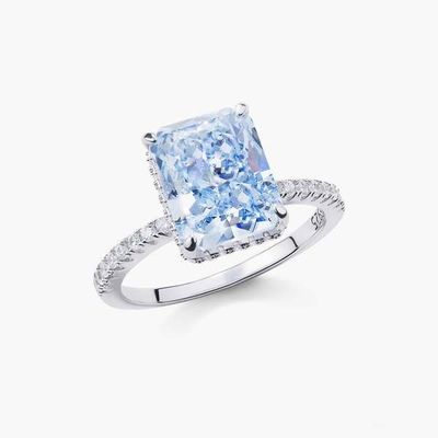 Bagueta plateada Diamante azul 5A Corte de hielo CZ Anillo de compromiso de boda para mujeres 925 plata esterlina