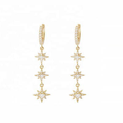Revestidos de oro 925 plata brasileña Starburst Long Dangle Hoop Aretes para mujeres