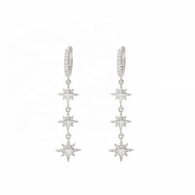 Revestidos de oro 925 plata brasileña Starburst Long Dangle Hoop Aretes para mujeres