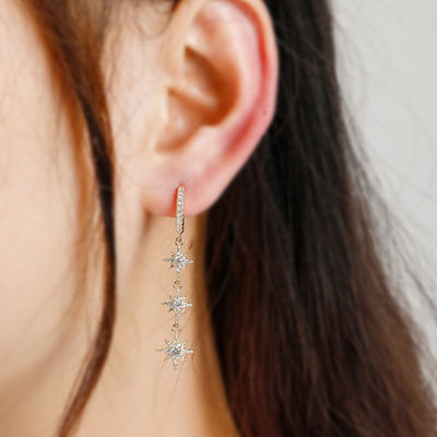Revestidos de oro 925 plata brasileña Starburst Long Dangle Hoop Aretes para mujeres