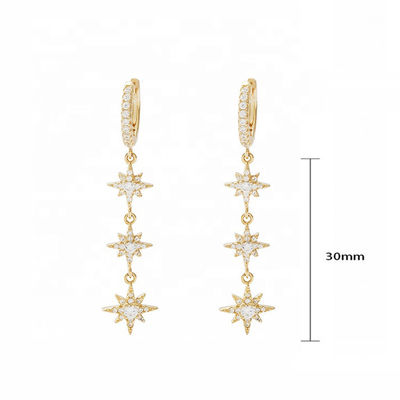 Revestidos de oro 925 plata brasileña Starburst Long Dangle Hoop Aretes para mujeres