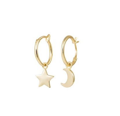 A la moda 925 de plata esterlina Los aretes con estrella y luna de oro asimétrico Revestido para mujeres