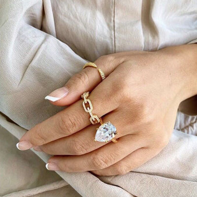 925 plata esterlina anillo de cadena de enlace de borde 18K mujeres anillos de zirconia cúbica