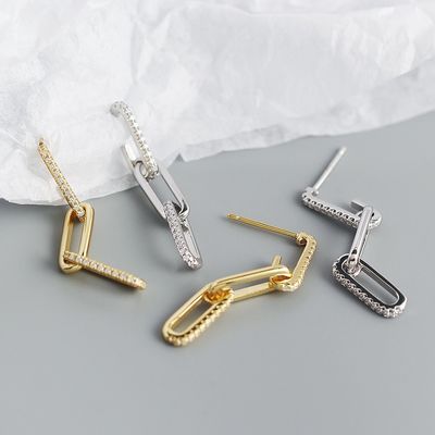 Retro Paperclip Rectangular Chain Los aretes en plata esterlina 925 para la noche de las damas