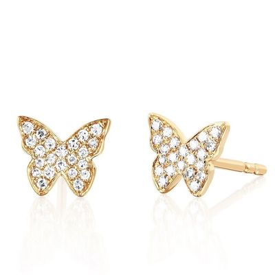 Los pendientes de oro de mariposa de 18K hechos a mano con el marco blanco y el zircón