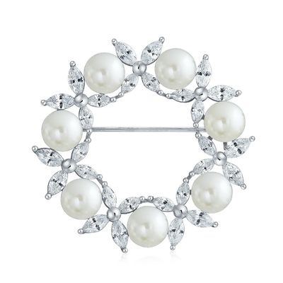 Broche de hojas doradas círculo de perlas blancas 925 de plata broches de lujo para mujeres