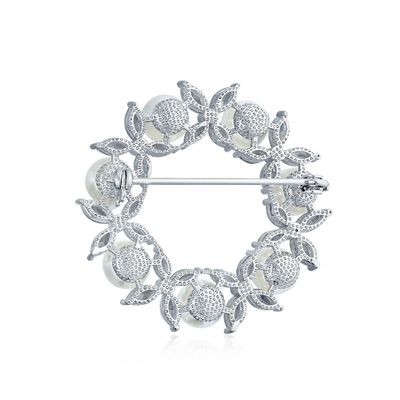 Broche de hojas doradas círculo de perlas blancas 925 de plata broches de lujo para mujeres