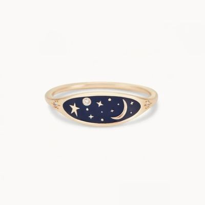 Hecho a mano 18K Oro Revestido de medianoche Azul Esmalte 925 de plata redonda Brillante CZ anillo de apilamiento para niñas