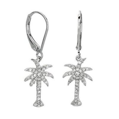 925 de plata esterlina Los pendientes de mujer con diseño de palma y circón diamante blanco CZ
