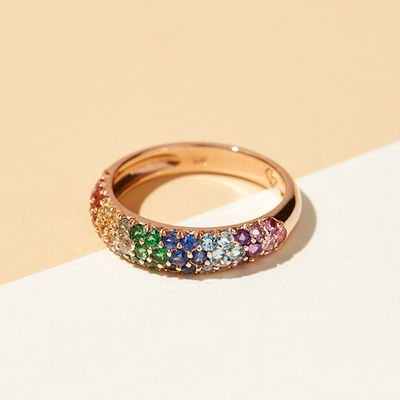 Anillo racimo de plata de ley 925 con baño de oro de 18K y circonitas arcoíris