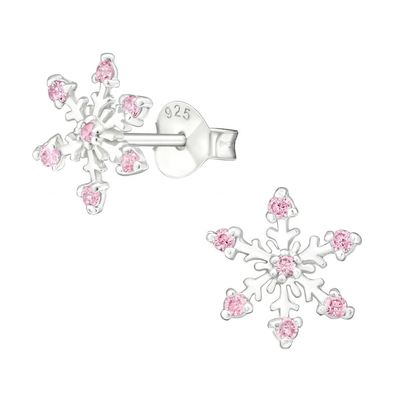 Pendientes de botón de copo de nieve de plata de ley 925 con baño de rodio y circonita cúbica, 2 g