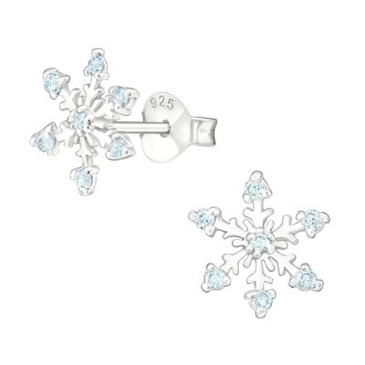 Pendientes de botón de copo de nieve de plata de ley 925 con baño de rodio y circonita cúbica, 2 g