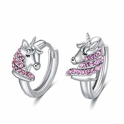 Pendientes de aro Huggie de unicornio de plata de ley 925 de 16 mm con circonitas rosas para niños