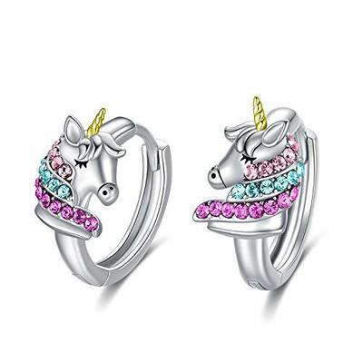 Pendientes de aro Huggie de unicornio de plata de ley 925 de 16 mm con circonitas rosas para niños